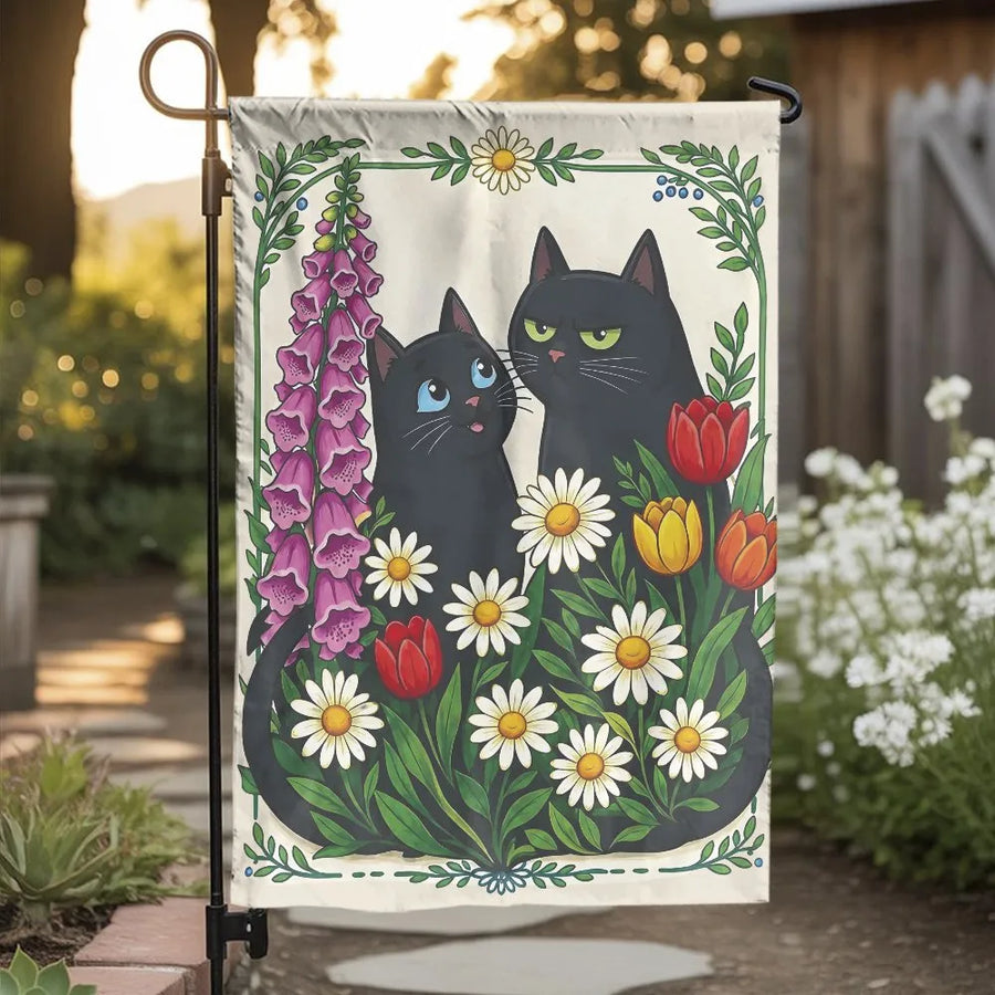 Black Cat Garden Flag | Double Sided Vibrant Daisies and Tulips Floral Art | Weather-Resistant Premium Two-Layer Polyester | Charming Housewarming Yard Gift for Cat Lovers