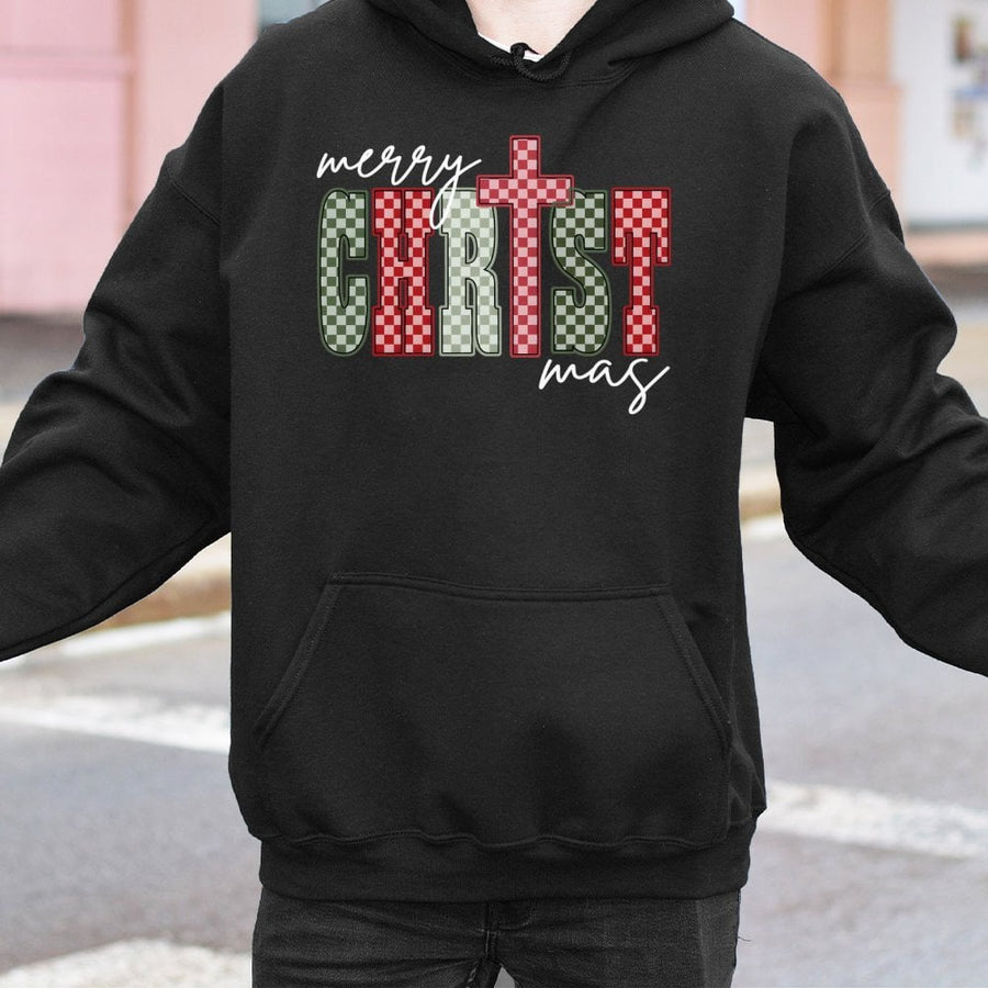Merry Christ-mas Cross Hoodie | Red and Green Checkerboard Religious Design | Cotton-Poly Premium Blend | Holiday Faith Gift for Her Him