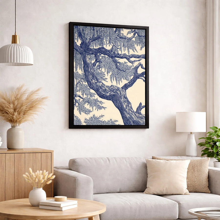 Wisteria Tree Canvas Wall Art | Woodblock Style Floral Print | Premium 1.25-inch Gallery Wrapped Profile | Elegant Home Decor Gift