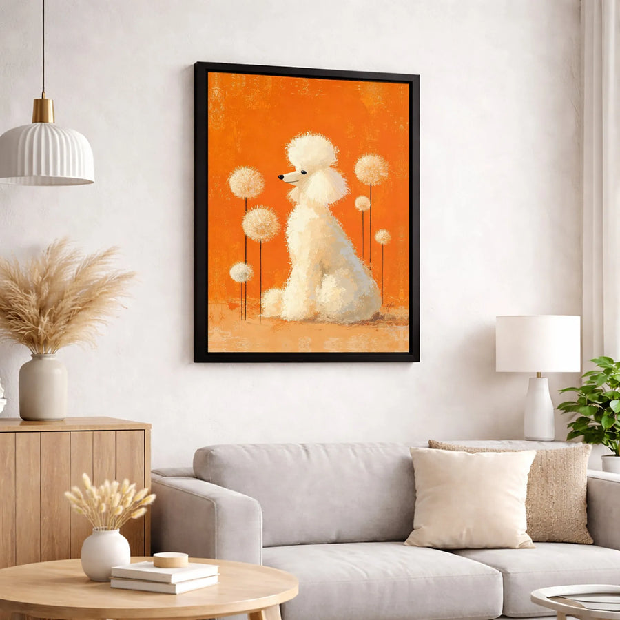White Poodle Wall Art | Whimsical Dandelion Painting | Premium Gallery Canvas | Dog Lover Home Decor Gift