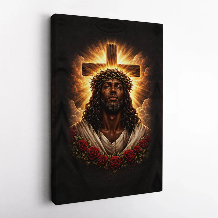 Black Jesus Canvas Wall Art | Crown Of Thorns And Red Roses | Premium Gallery Wrap Print | Religious Home Decor Gift For Faithful Believers