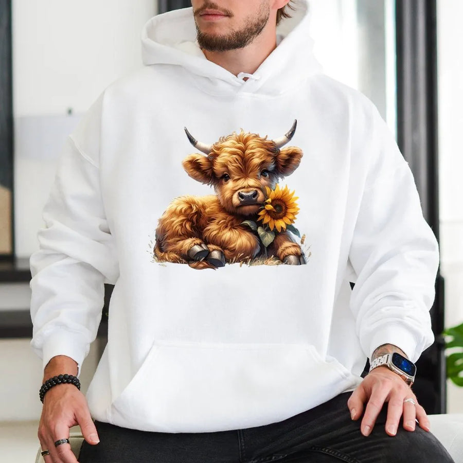 Highland Cow Hoodie | Cute Baby Cow with Sunflower Graphic | Premium Soft Unisex Pullover | Farm Animal Lover Gift for Her
