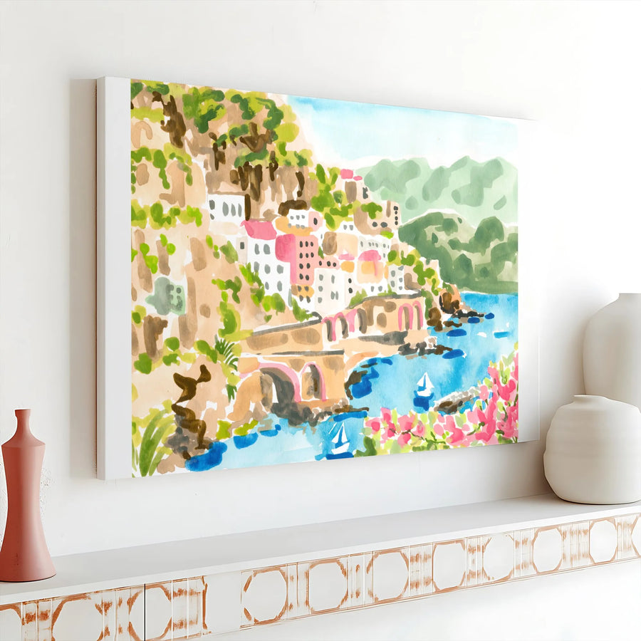 Sorrento Italy Canvas Print | Watercolor Coastal Village Art | Premium Gallery Wrapped Canvas | Gift for Traveler & Italian Home Decor