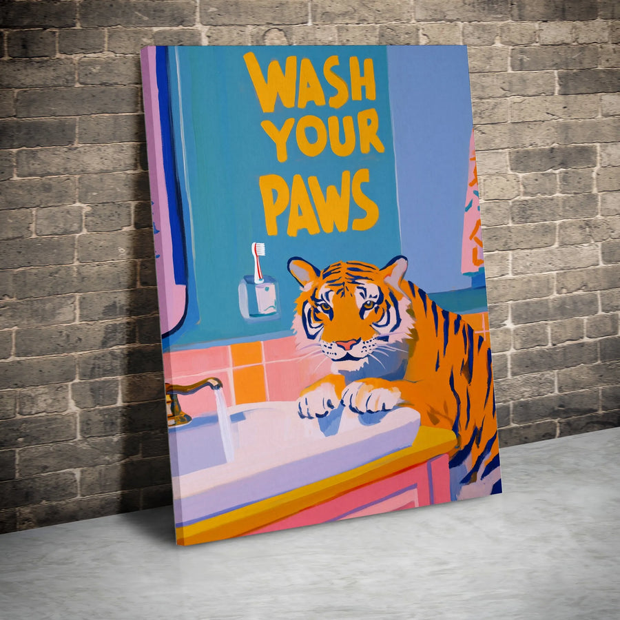 Funny Tiger Wash Your Paws Canvas | Retro Bathroom Wall Art | Premium Frameless Canvas Print | Kids & Adults Bathroom Decor Gift