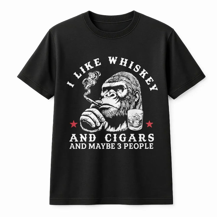 T-shirt Whiskey et Cigares | Motif drôle de gorille introverti | T-shirt premium 100 % coton | Cadeau unique pour homme, amateur de whisky, cadeau d’anniversaire