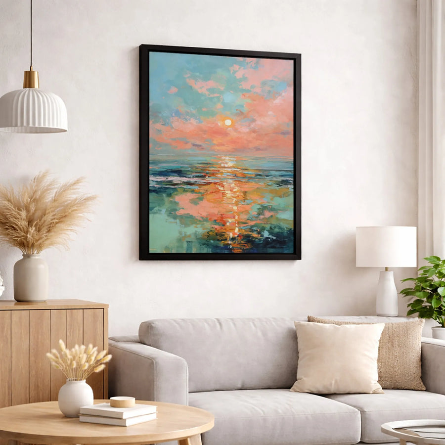 Abstract Sunset Ocean Painting | Pink and Blue Coastal Wall Art | Premium Gallery Wrapped Canvas | Serene Modern Home Decor Gift