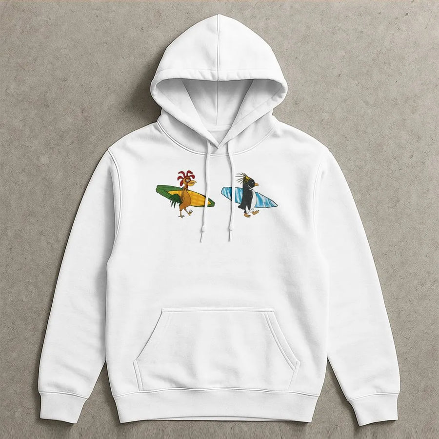 Surfing Penguin and Chicken Graphic Hoodie | Fun Cartoon Bird Surf Design | Premium Soft Cotton Blend | Unique Gift for Surfers and Cartoon Lovers
