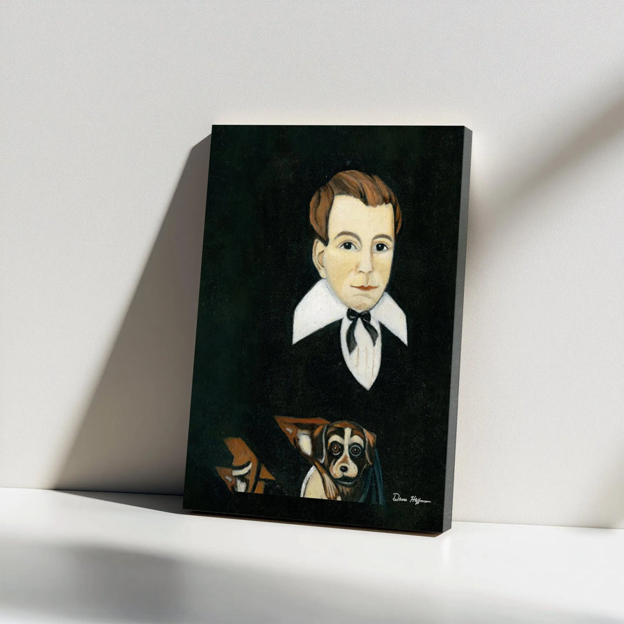 Folk Art Portrait Canvas Print | Vintage Style Man and Dog Oil Painting Wall Decor | 1.25 Inch Gallery Wrap | Unique Gift for Dog Lovers