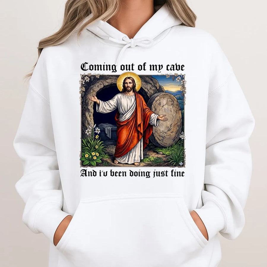 Jesus Resurrection Hoodie | Coming Out Of My Cave Graphic Tee | Premium Cotton Blend Pullover | Faith-Based Religious Christian Gift for Easter