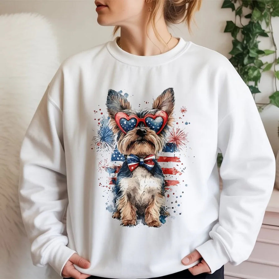 Patriotic Yorkie Sweatshirt | Watercolor American Flag Graphic | Premium Cotton Blend | 4th of July Gift for Dog Lover
