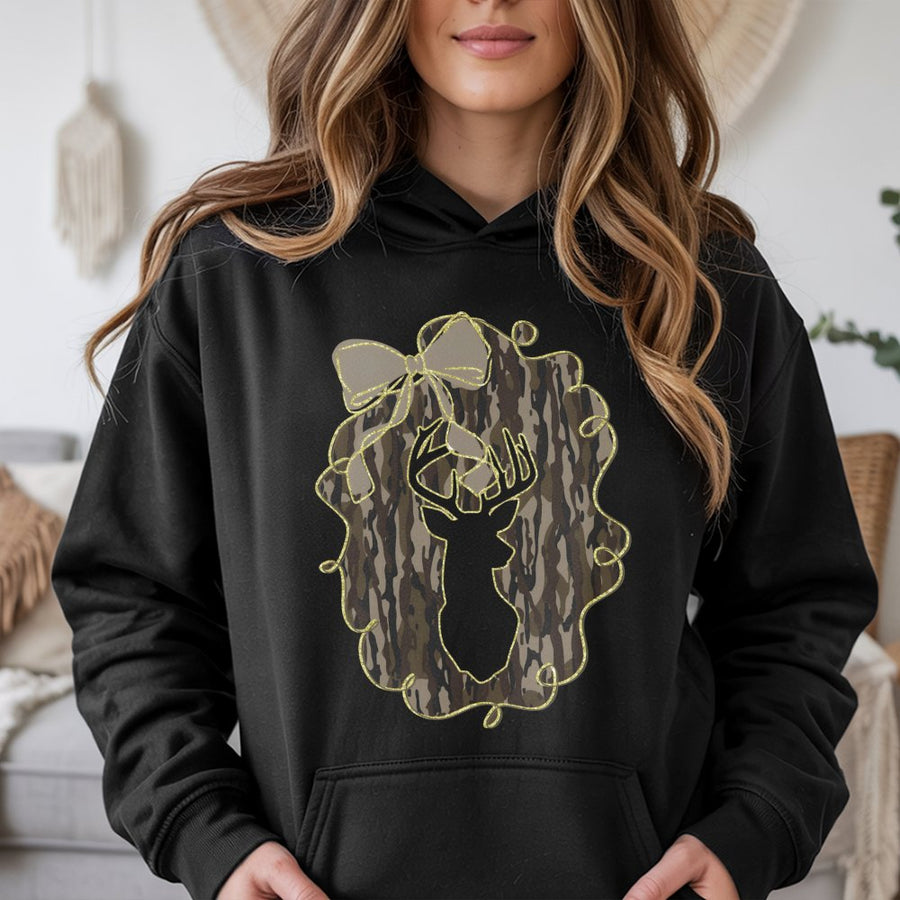 Deer Camo Bow Hoodie | Preppy Coquette Deer Hunting Design | Premium Cotton Blend | Gift for Her Fall Aesthetic