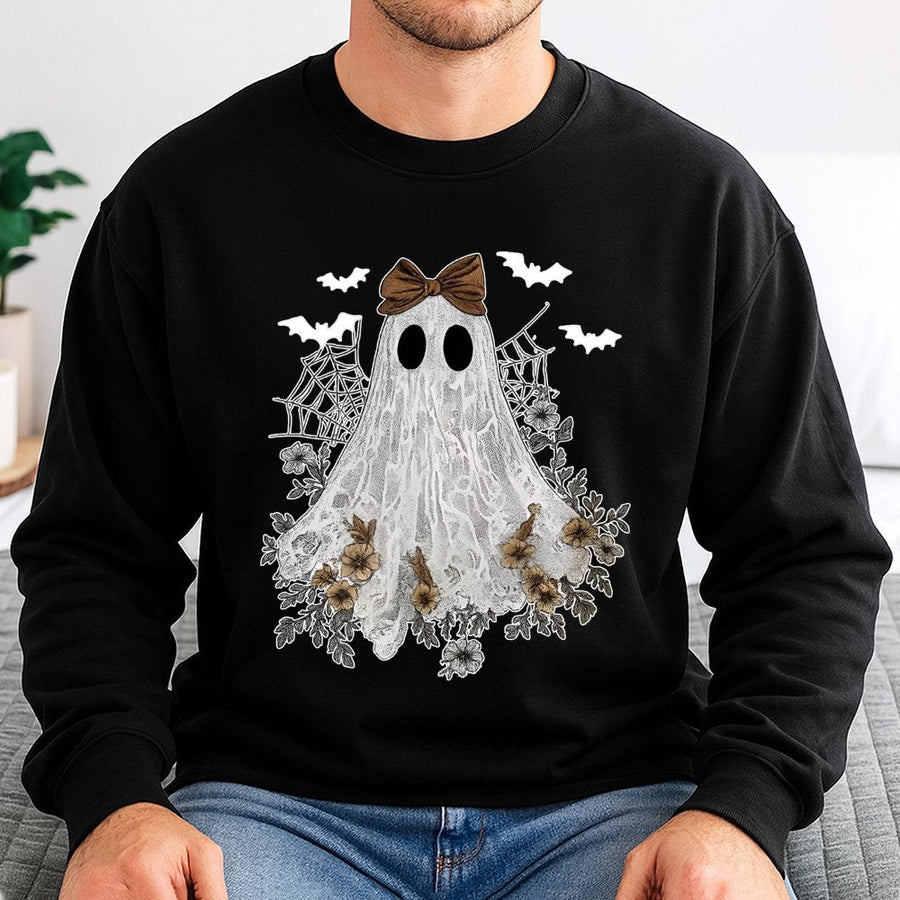 Cute Ghost Coquette Sweatshirt | Bow Aesthetic Halloween Graphic | Premium Cotton Blend | Aesthetic Spooky Fall Gift for Her