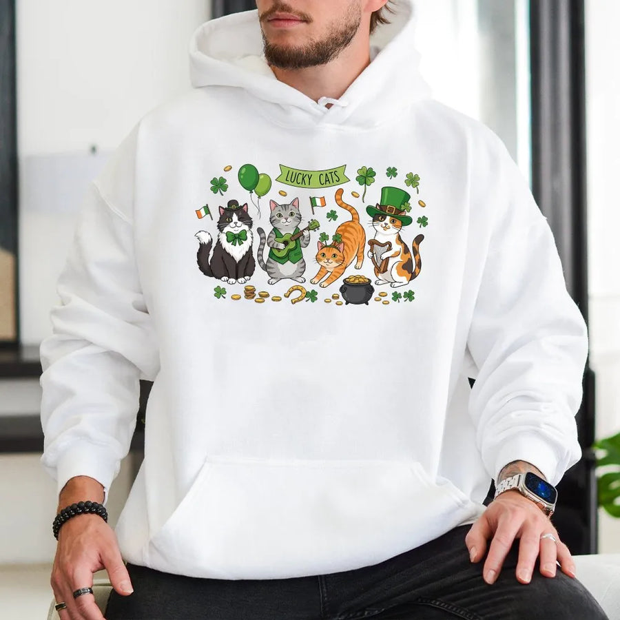 Lucky Cats St Patricks Day Hoodie | Cute Irish Kitten Graphic Print | Premium Cotton Blend Sweatshirt | Fun Gift for Cat Moms and Animal Lovers