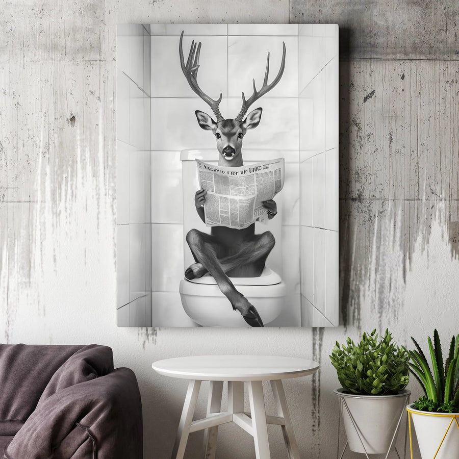 Deer On Toilet Reading Newspaper | Funny Bathroom Wall Art | Premium Gallery Canvas | Humorous Home Decor Gift