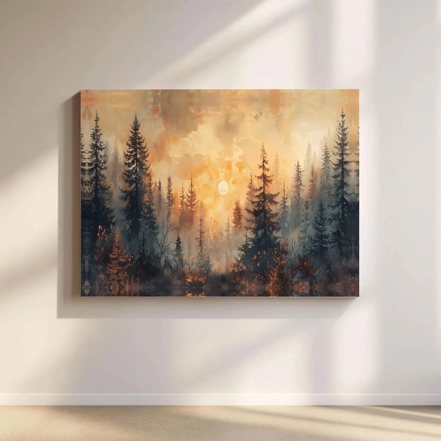 Misty Pine Forest Canvas Art | Golden Sunrise Landscape Print | 1.25 Inch Gallery Quality Wall Decor | Nature Inspired Home Office Gift