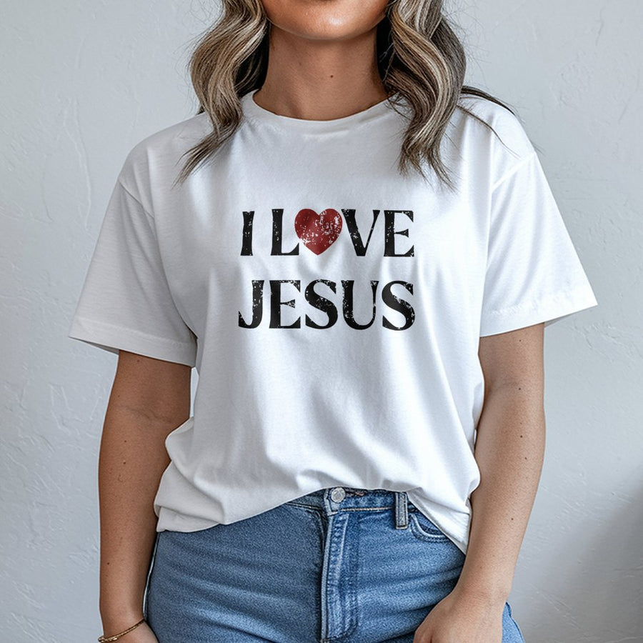 I Love Jesus T-Shirt | Distressed Heart Graphic Faith Apparel | 100% Cotton Premium Tee | Religious Gift for Men and Women