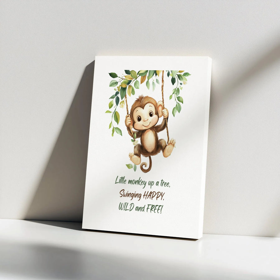 Cute Monkey Canvas Wall Art | Watercolor Animal Print with Quote | Premium Gallery Wrapped Canvas | Nursery Decor Gift for Kids