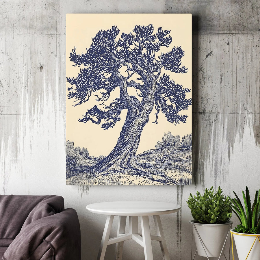 Gnarled Tree Canvas Wall Art | Blue And Cream Linocut Print | Gallery-Quality 1.25 Inch Profile | Nature Inspired Decor For Home And Office