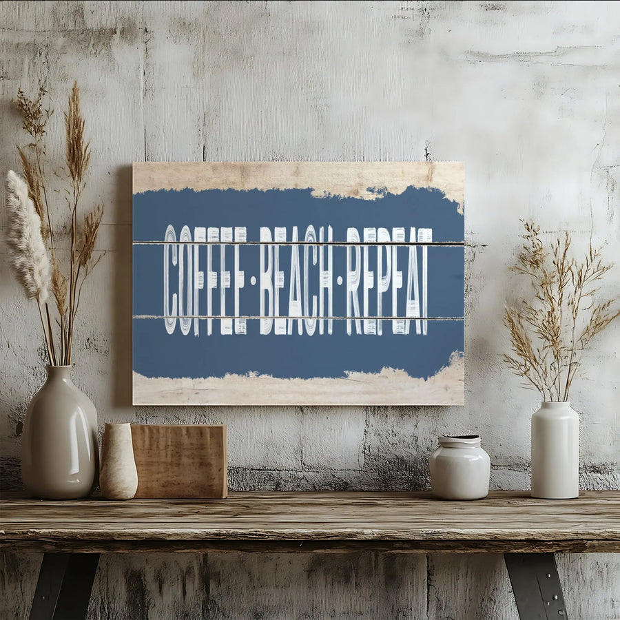 Coffee Beach Repeat Horizontal Canvas | Rustic Coastal Faux Wood Blue Sign Print | Premium 1.25" Stretched Frame Wall Art | Beach House Decor & Kitchen Gift