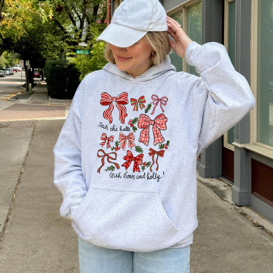 Christmas Bows Hoodie | Festive Deck The Halls Graphic | Premium Cotton Blend | Cozy Holiday Apparel Gift for Women