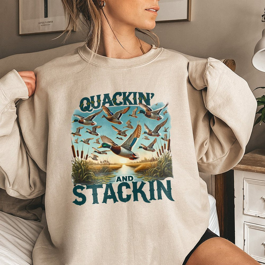 Quackin And Stackin Sweatshirt | Vintage Mallard Duck Hunting Graphic | Premium Cotton Blend Crewneck | Gift For Outdoorsman Hunter