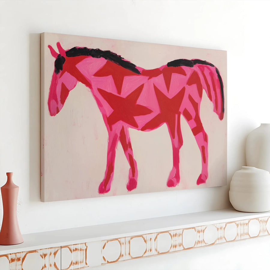 Pink Star Horse Canvas Wall Art | Modern Abstract Painting Print | Premium Thick Gallery Wrapped Canvas | Unique Equestrian Art Gift for Home Decor