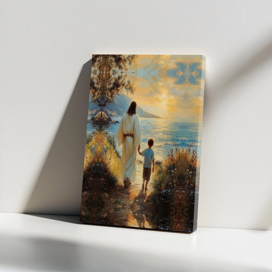Jesus and Child Canvas Wall Art | Walking with God Sunset Painting | Premium Christian Home Decor | Inspirational Religious Gift