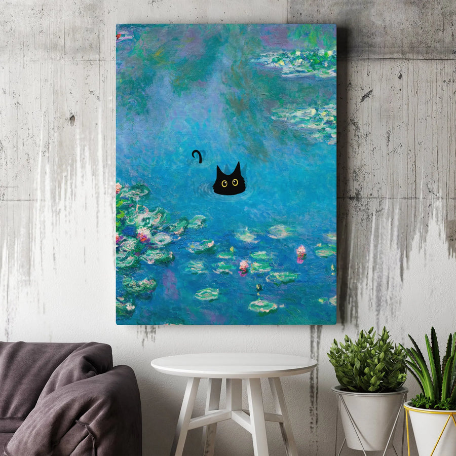 Black Cat Canvas Wall Art | Monet Water Lilies Impressionist Style | 1.25 Inch Gallery Wrap | Unique Cat Lover Gift & Home Decor