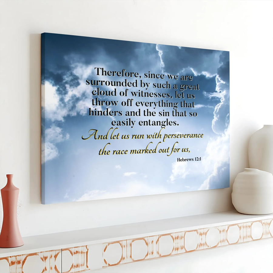 Hebrews 12:1 Bible Verse Canvas | Inspirational Scripture Wall Art | 1.25" Thick Premium Gallery Wrap | Encouraging Religious Home Decor Gift