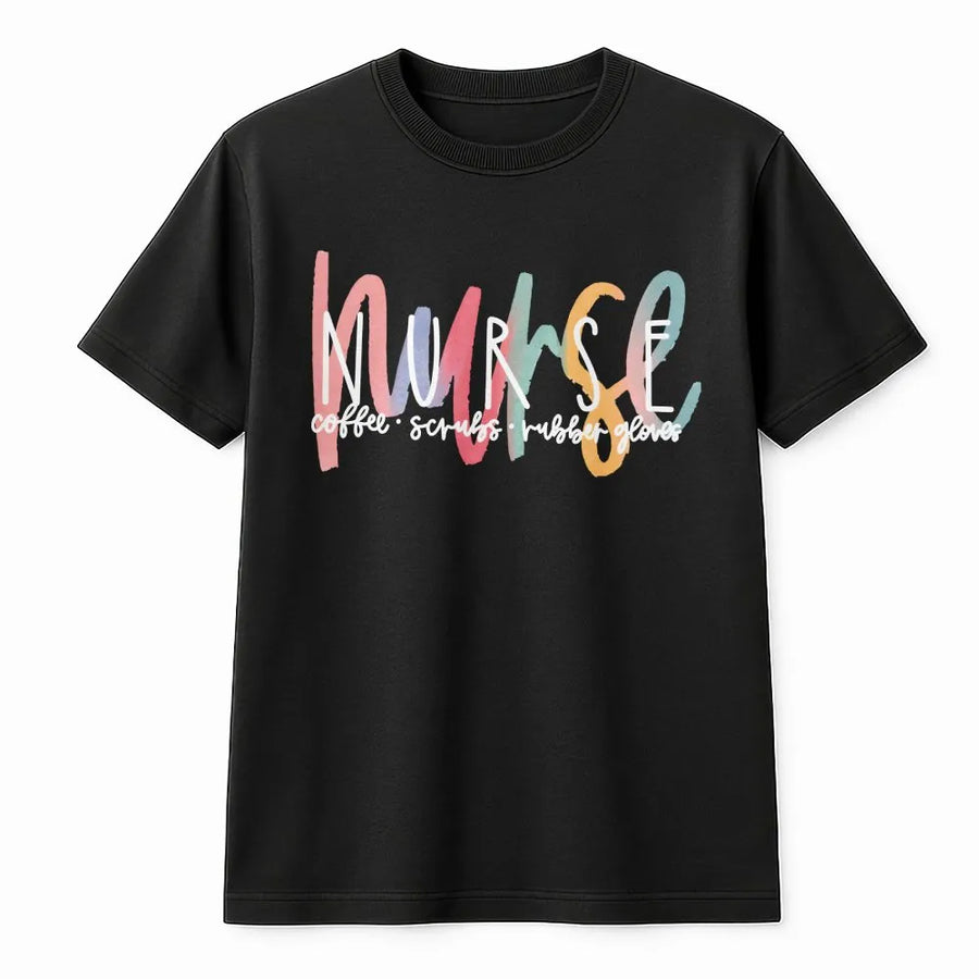 Nurse T-Shirt | Coffee Scrubs and Rubber Gloves Graphic | Premium 100% Cotton Tee | Perfect Nursing School Graduation Gift for RN and LPN