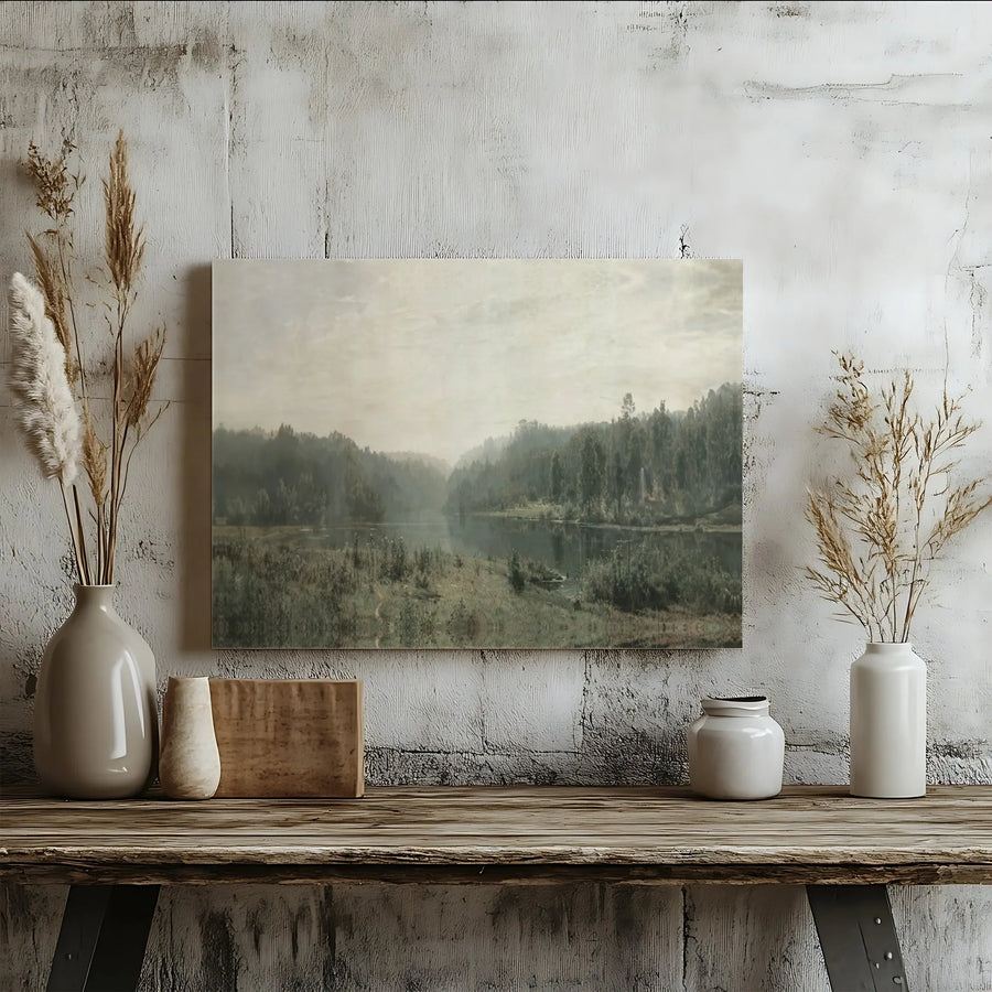Moody Forest Landscape Canvas Wall Art | Vintage River Scenery Print | Premium 1.25 Inch Gallery Wrap | Large Framed Artwork for Home Decor