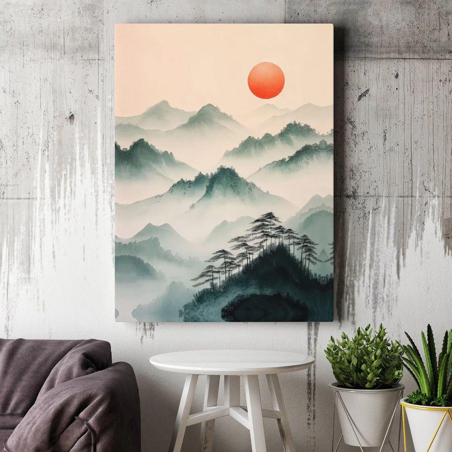 Japanese Mountain Canvas Print | Misty Forest & Red Sun Artwork | Premium Gallery Wrapped Canvas | Zen Wall Decor Gift
