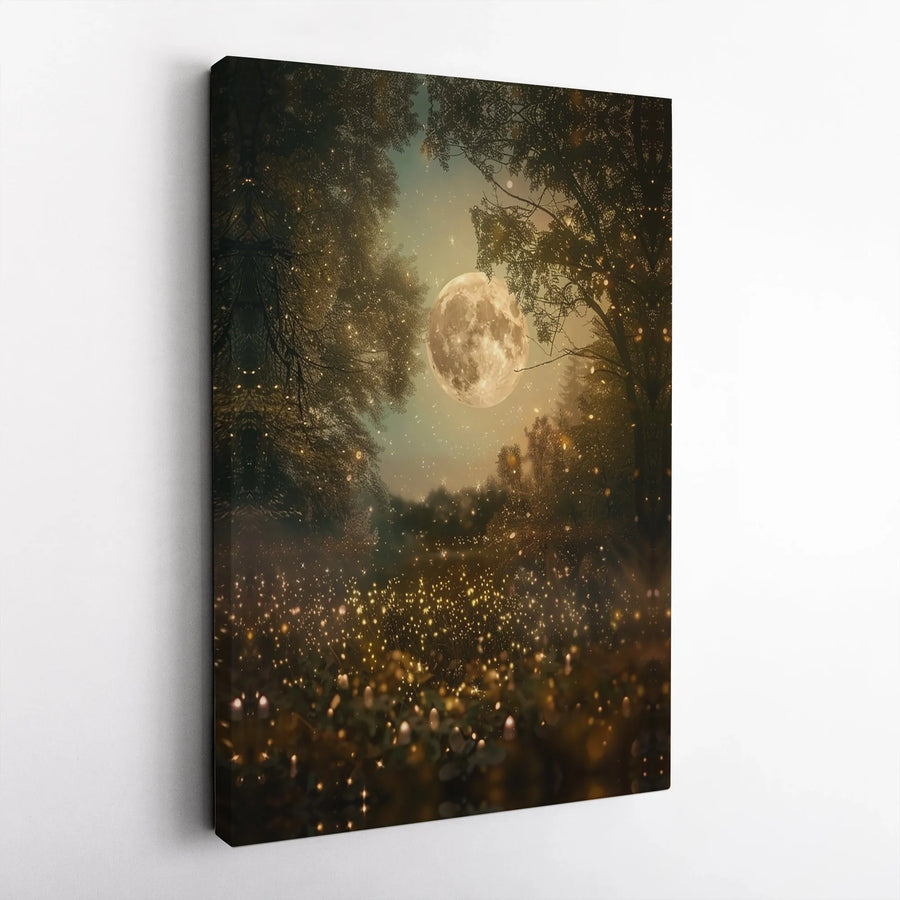 Enchanted Forest Canvas Wall Art | Full Moon & Firefly Night Scene | 1.25 Inch Premium Gallery Wrap | Whimsical Nature Decor for Living Room