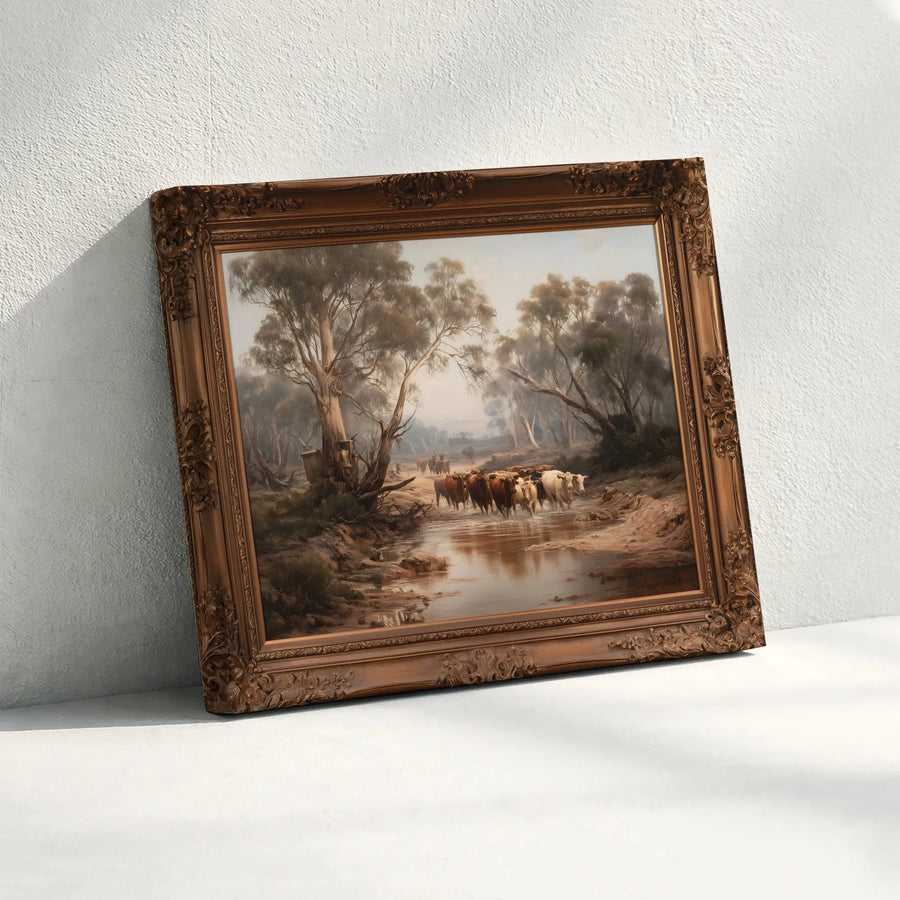 Vintage Cattle Crossing Canvas Print | Rustic Creek Landscape Painting | Premium Fade-Resistant Print | Collector's Farmhouse Wall Decor