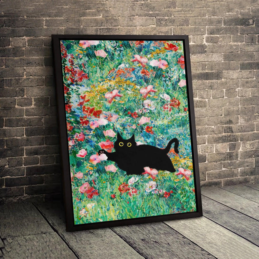 Black Cat Wall Art | Impressionist Flower Garden Print | Premium Fade-Resistant Canvas | Whimsical Home Decor Gift for Cat Lovers