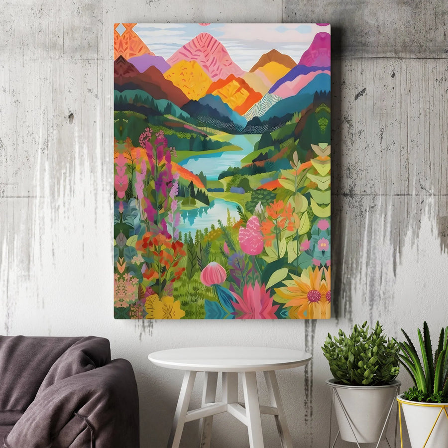 Vibrant Mountain River Canvas Print | Wildflower Landscape Wall Art | Gallery-Quality 1.25" Profile | Modern Nature Decor Gift
