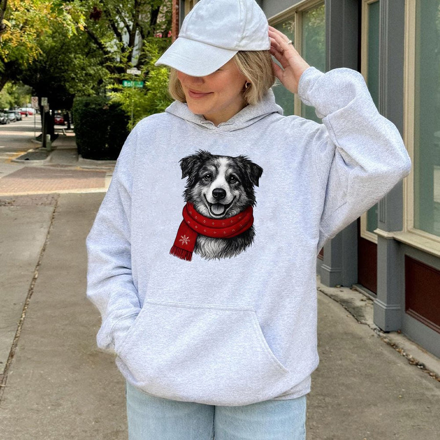 Christmas Dog Hoodie | Cute Puppy Wearing Red Winter Scarf | Premium Cotton Blend Pullover | Festive Holiday Gift for Dog Lovers