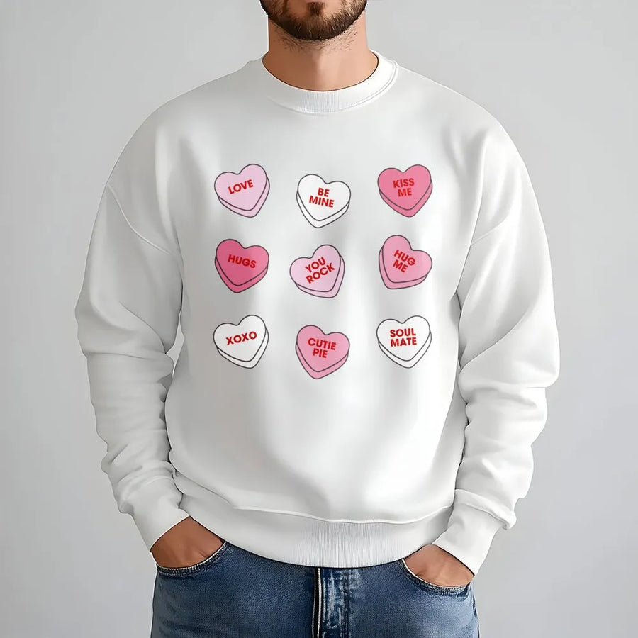 Conversation Hearts Sweatshirt | Retro Valentine Candy Print | Premium Cotton Blend Crewneck | Cute Valentine's Day Gift For Her Teacher