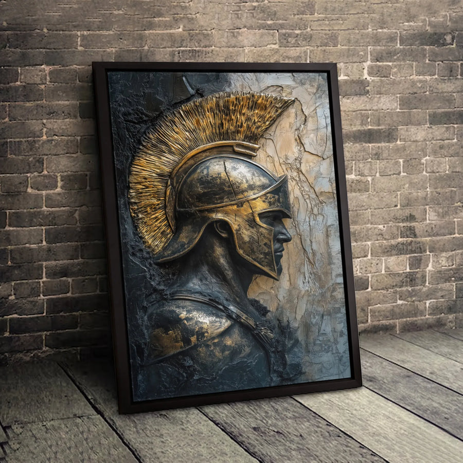 Spartan Warrior Canvas Wall Art | Gold Corinthian Helmet Relief | Premium Gallery Wrapped Print | Masculine Home Office Decor Gift