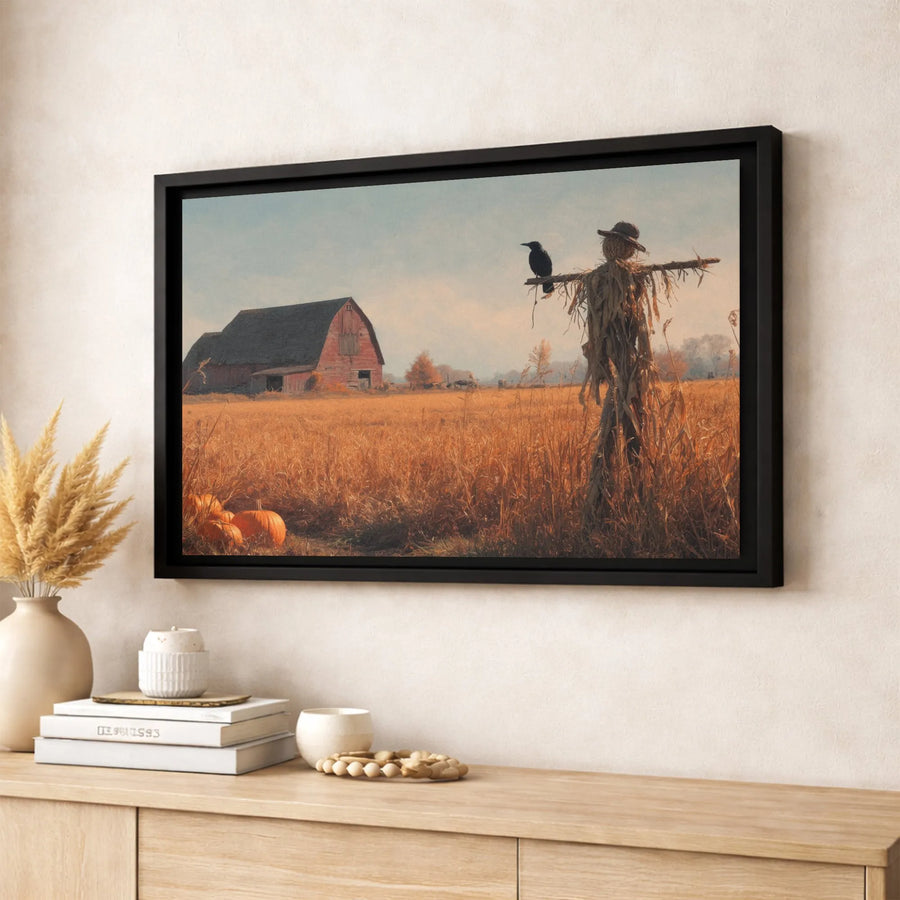 Autumn Farmhouse Canvas Wall Art | Scarecrow Red Barn Fall Landscape | Premium Fade-Resistant Gallery Wrap | Seasonal Rustic Home Decor Gift