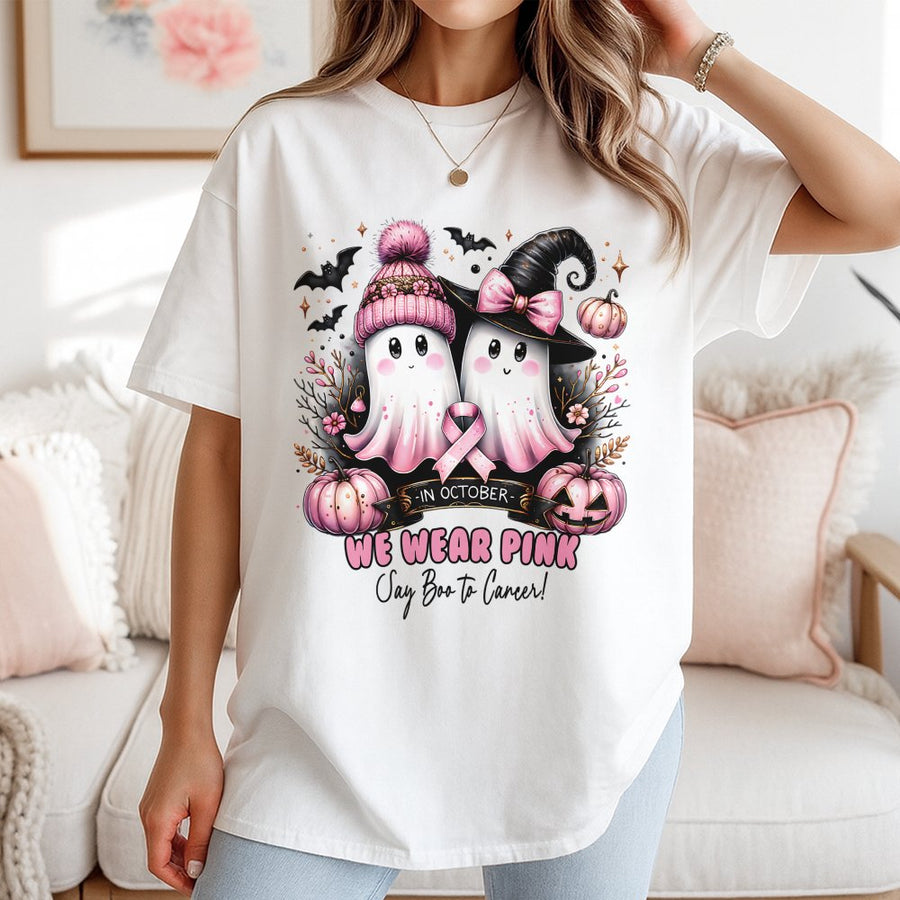 In October We Wear Pink T-Shirt | Cute Halloween Ghost Breast Cancer Awareness Graphic | 100% Cotton Premium Tee | Supportive Gift for Survivors