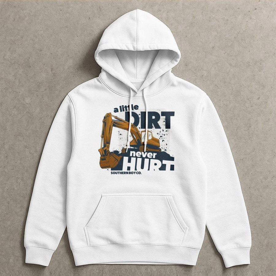 Excavator Hoodie | A Little Dirt Never Hurt Graphic Design | Premium Cotton Blend | Gift For Construction Fans, Boys, and Heavy Equipment Lovers