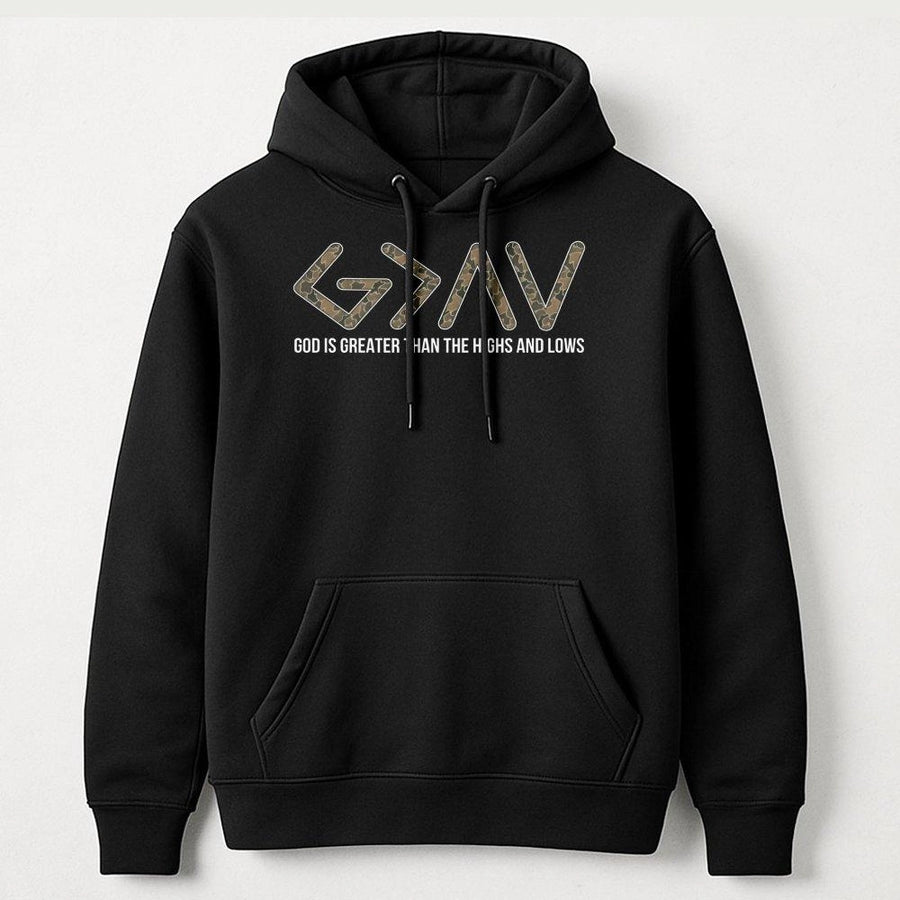 God Is Greater Than The Highs And Lows Hoodie | Christian Faith Camo Lettering | Premium Cotton Blend | Unisex Inspirational Gift for Believers