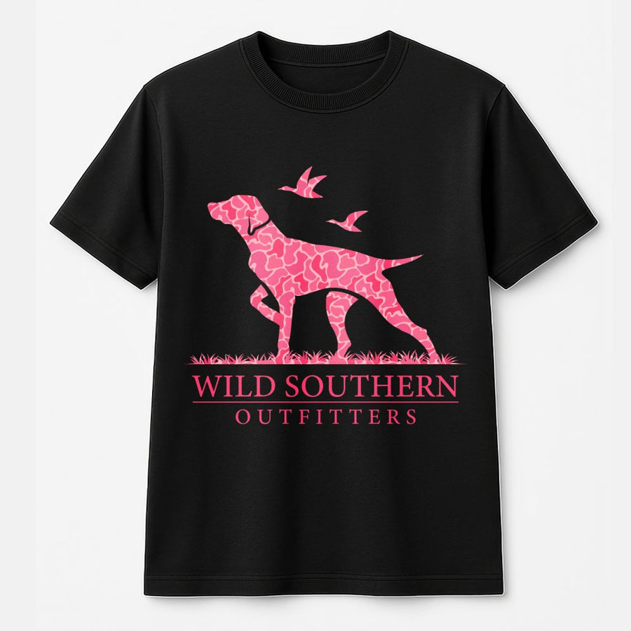 Hunting Dog T-Shirt | Pink Camo Pointing Dog Graphic | Premium 100% Cotton Tee | Southern Style Gift For Women Outdoor Enthusiasts