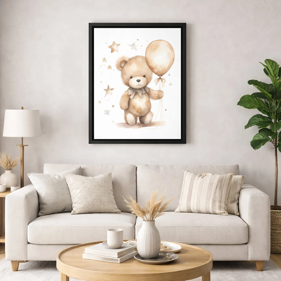 Watercolor Teddy Bear Canvas Art | Cute Nursery Wall Decor with Balloon and Stars | Premium 1.25 Inch Gallery Wrap | Whimsical Baby Shower Gift