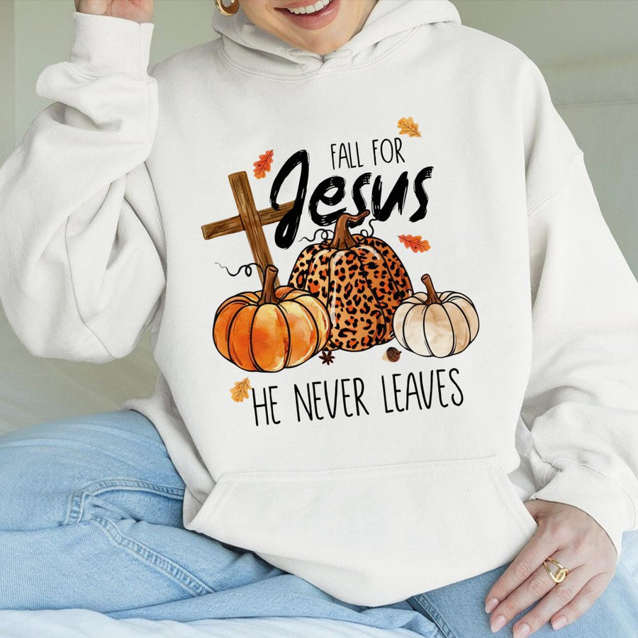 Fall For Jesus Hoodie | Christian Autumn Pumpkin Cross Design | Premium Cotton Blend Sweatshirt | Religious Faith Gift For Women And Men