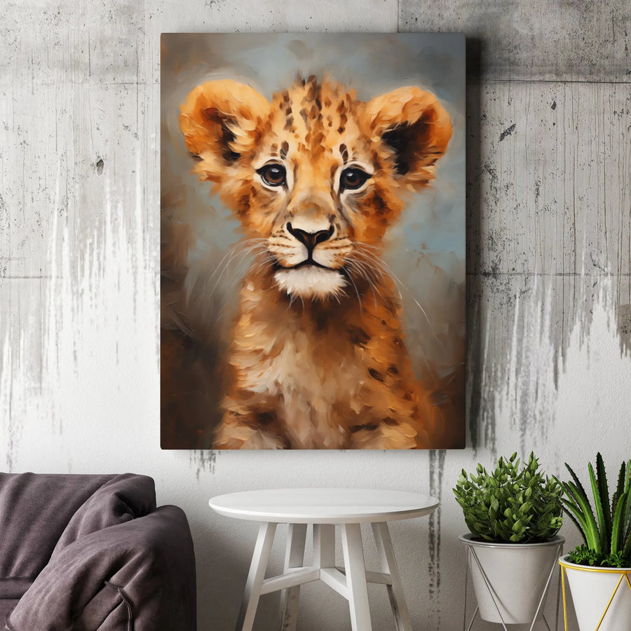 Lion Cub Vertical Canvas | Wildlife Oil Painting Style Art | Premium Thick Gallery Canvas | Nursery Decor Gift for Animal Lover