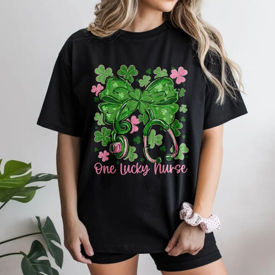 One Lucky Nurse T-Shirt | St. Patrick's Day Shamrock Stethoscope Graphic | Premium Soft Cotton Tee | Nursing Student Gift & Holiday Scrub Top