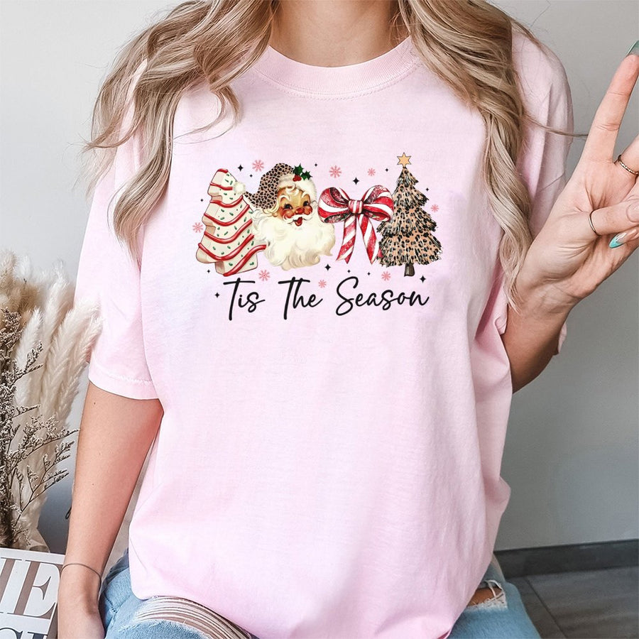 Tis The Season Christmas Shirt | Retro Leopard Print Santa Graphic | Premium 100% Cotton Tee | Festive Holiday Gift For Women & Men