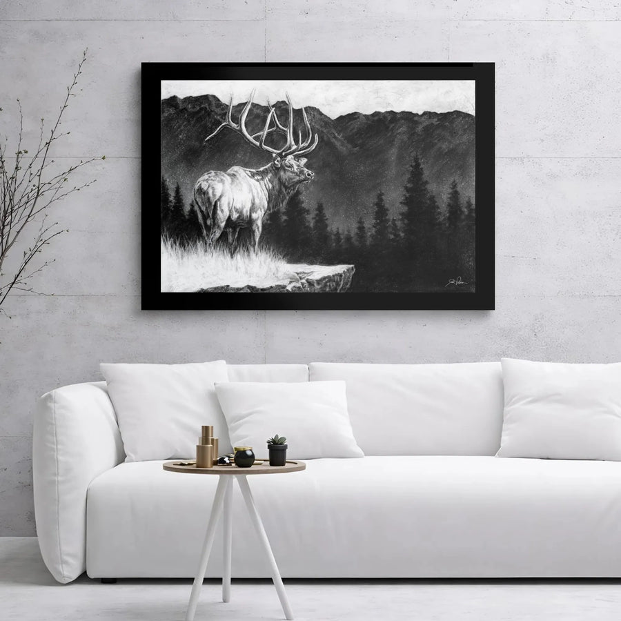 Bull Elk Wall Art | Charcoal Drawing Mountain Landscape | Premium Gallery Wrap Canvas | Rustic Lodge Decor Gift